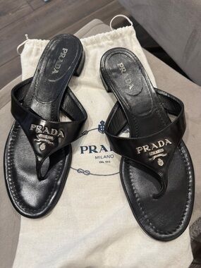 Prada Black Leather Thong Sandals with Silver Logo